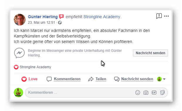 Bewertung Facebook - Strongline Academy - Marcel Descy