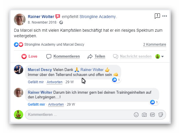 Bewertung Facebook - Strongline Academy - Marcel Descy