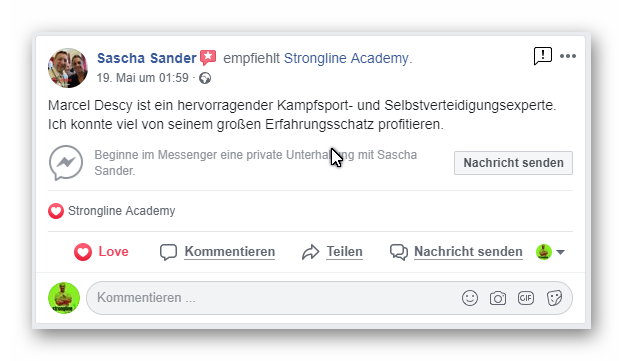 Bewertung Facebook - Strongline Academy - Marcel Descy